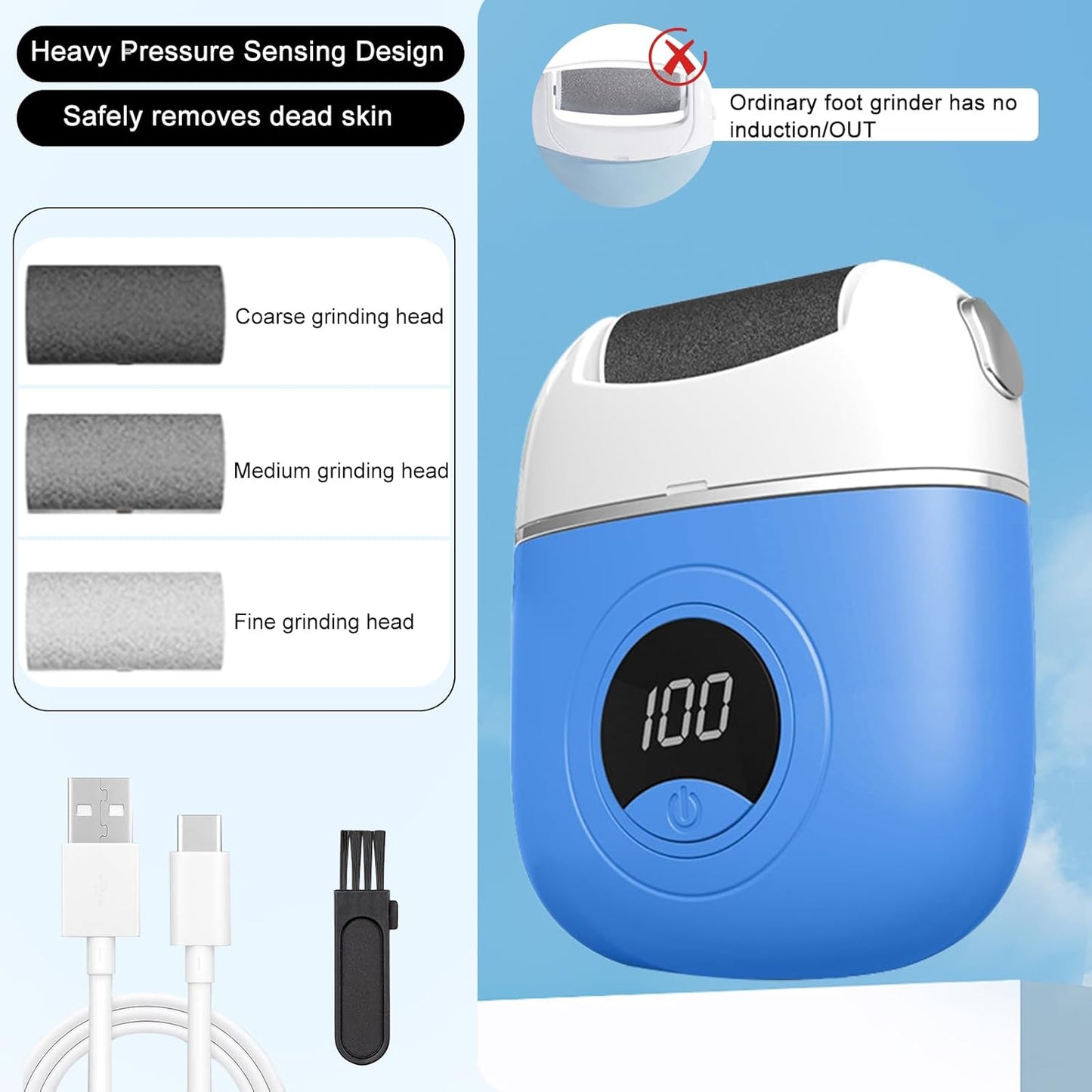 Electric Callus Remover Foot File, 2024 New USB Rechargeable Foot Repair and Grinding Device, Heel Polisher Digital Display, Feet Callus Remover, for Men Women Dry Callus Dead Skin (Blue)