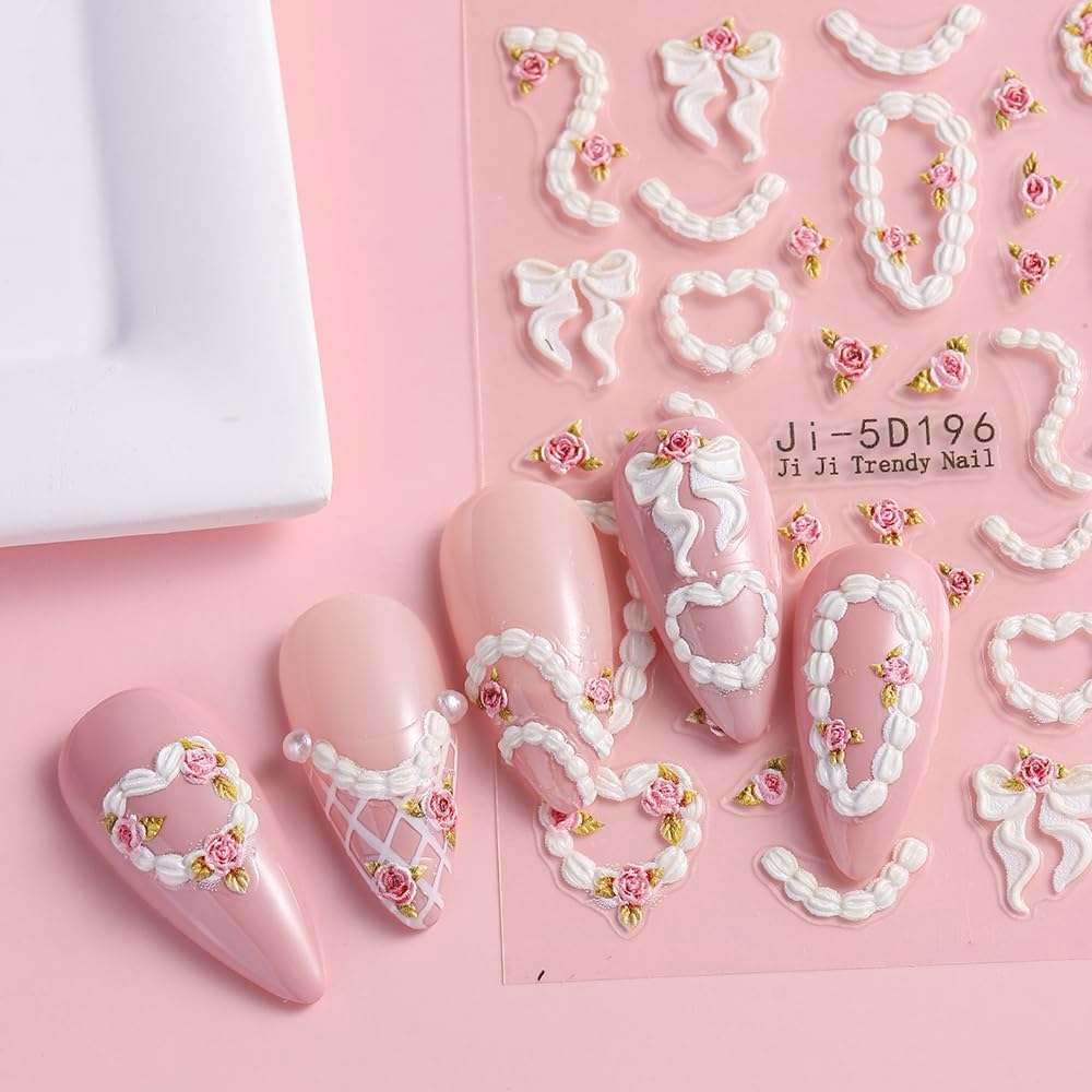 Cake Cream 5D Embossed Nail Art Stickers, 4 Sheets Cute Cream Chain Pleated Skirt Edge French Nail Decals Strawberry Cherry Rose Heart Self Adhesive DIY Nail Supplies for Women Girls