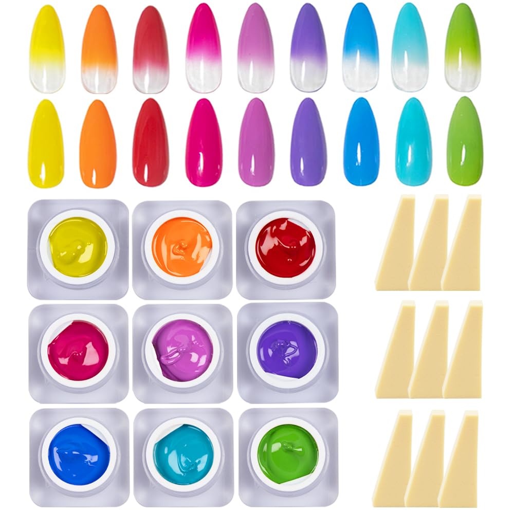 9 Colors Pat Painting Gel – 6ml Each Ombre Gel Nail Polish Set With Sponge, Stamping Gel, High Pigment Nail Art Paint for Gradient, Aura Nail, 3D Carving, DIY Salon manicure