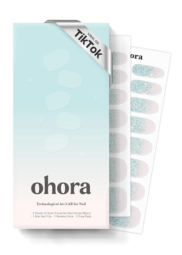ohora Semi Cured Gel Nail Strips - N Bubble Bomb - Salon-Quality, Long Lasting, Easy to Apply & Remove - Includes 2 Prep Pads, Nail File & Wooden Stick