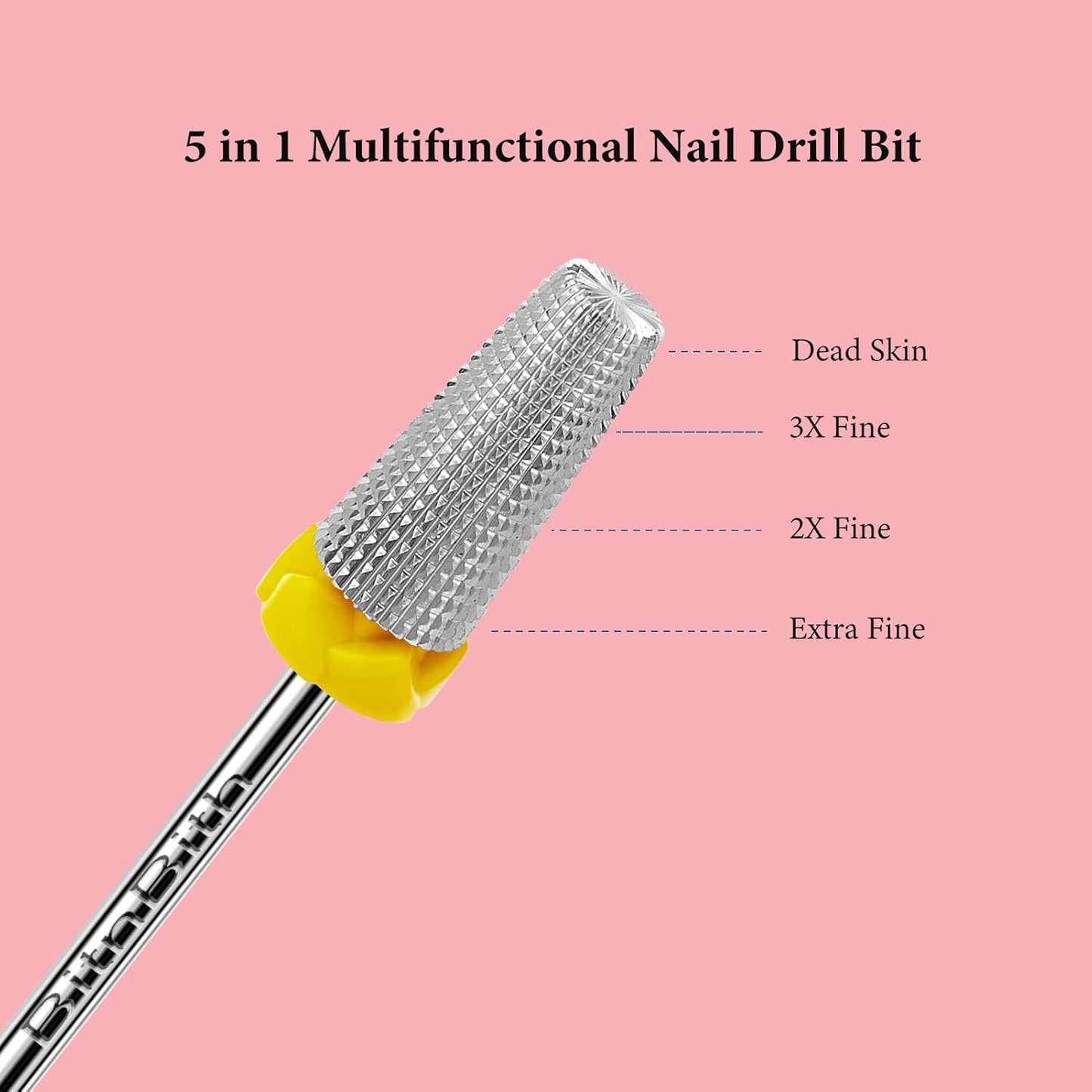 5 in 1 Nail Drill Bits, 3/32”Professional Carbide Drill Bits for Nails Multifunction Bit, Fast Remove Acrylic Hard Gel Cuticle Nail Efile Bit Manicure Pedicure,Two Way Rotate,Extra Fine