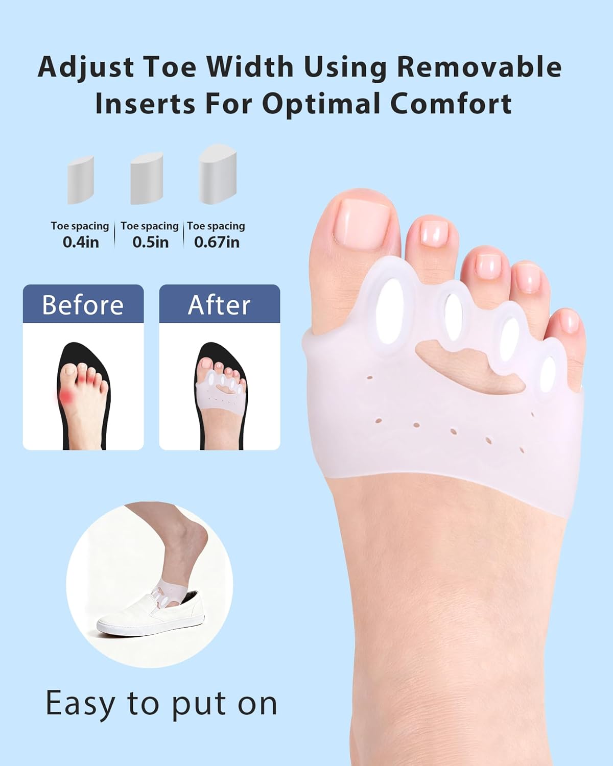 Adjustable Silicone Toe Separators, Spacers Bunion Corrector for Women Men, Toe Straightener,Breathable Soft and Comfortable Silicone Foot Cushions (4 Pairs)