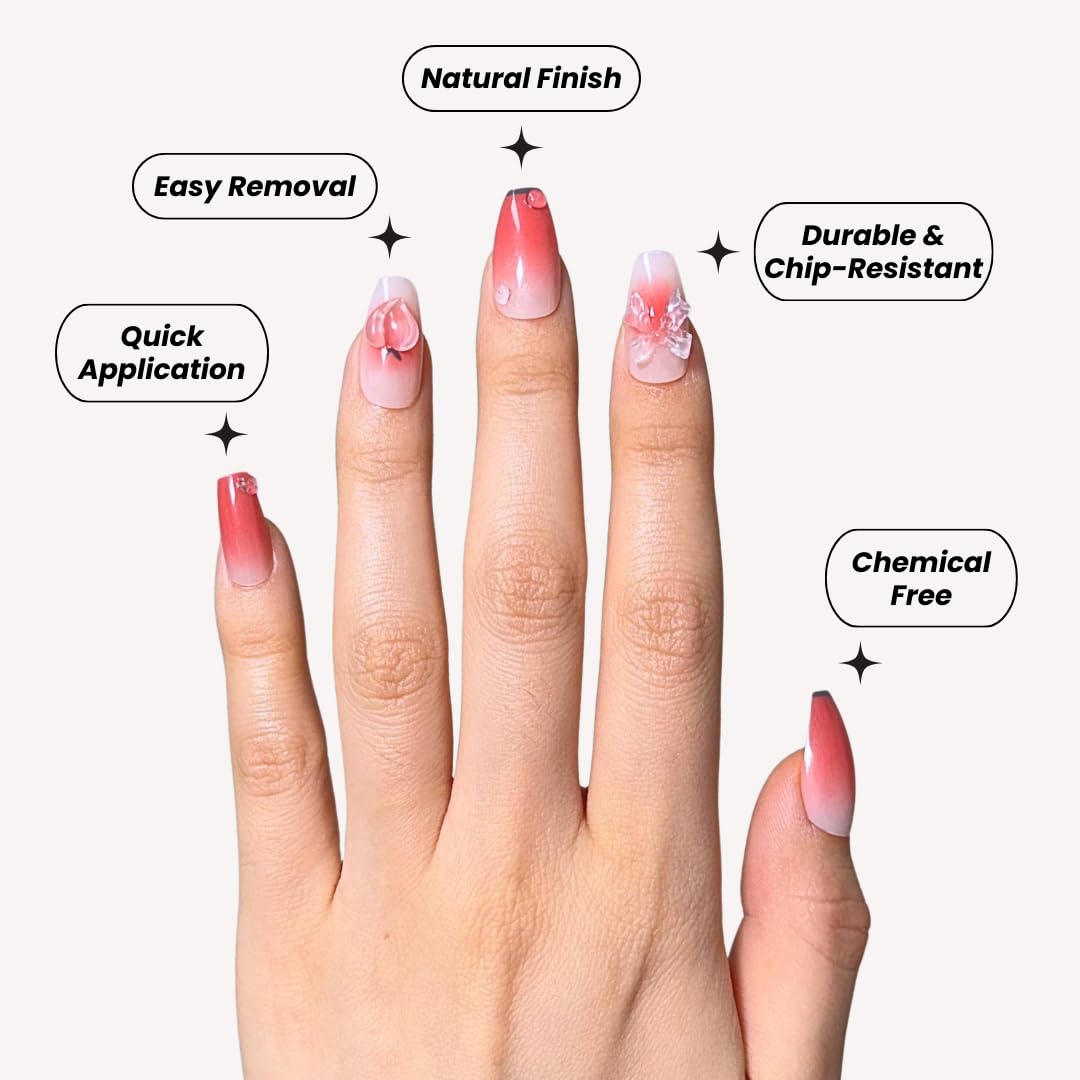 Perfect Look Press On Nails - Peach Bow | No Glue One-Day Short Coffin Nails, Red Ombre Nails with 3D Ribbon Charms - 24 Pcs Nail Kit with Adhesive Tabs