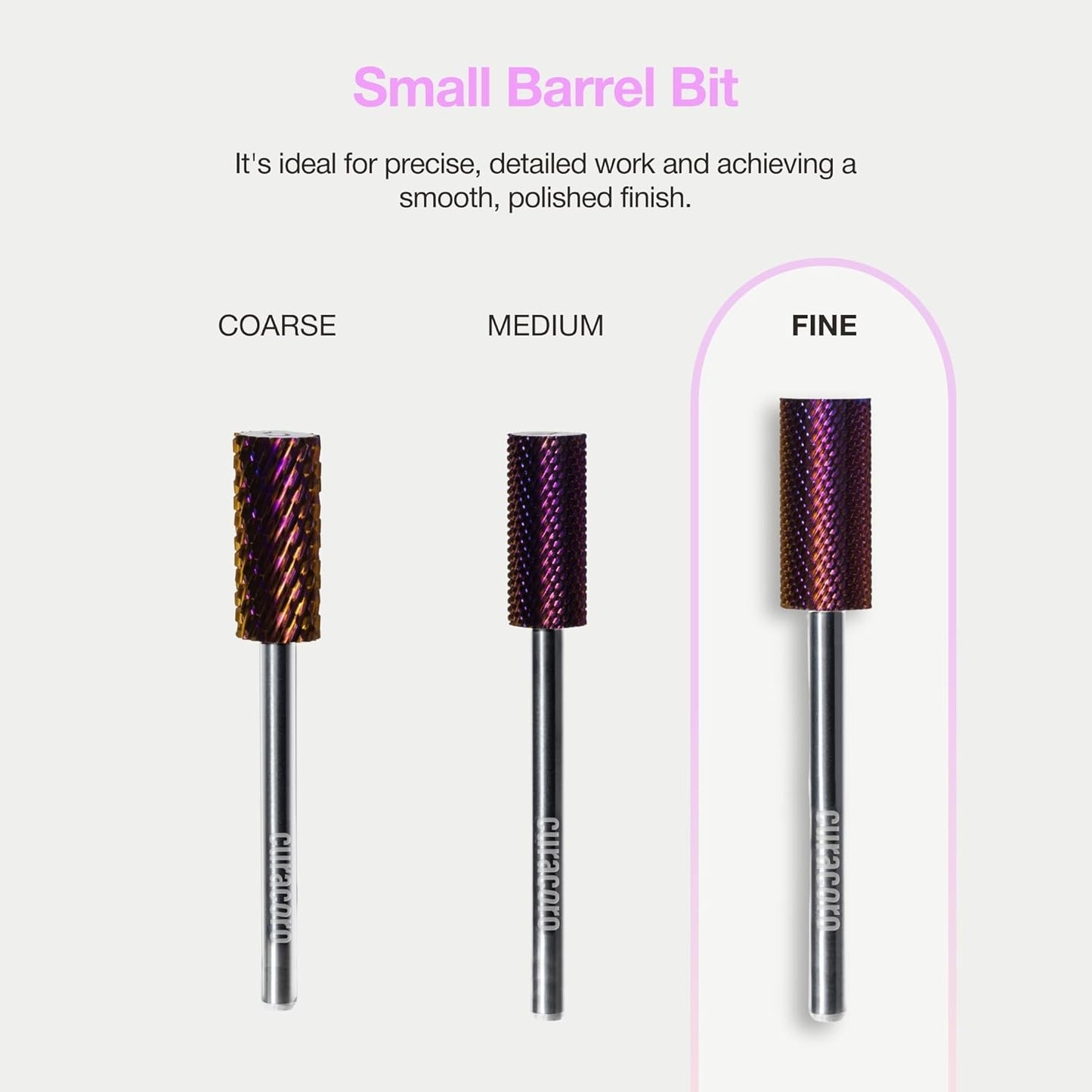 Curacoro Nail Drill Bits 3/32'' - Small Barrel Carbide Bit (Fine) for Professional Finish, Gently Remove, Buff & Polish Gel Nails, Nail Art Pedicure Manicure Salon & Home