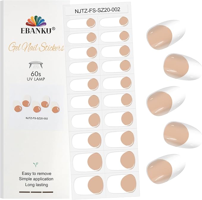 EBANKU 20Pcs Semi-Cured Gel Nail Strips,Terra Cotta Deep French Nail Sticker, Lasting Waterproof Full Wraps Stickers for Salon Manicures, Perfect for Women, Girl with File and Stick