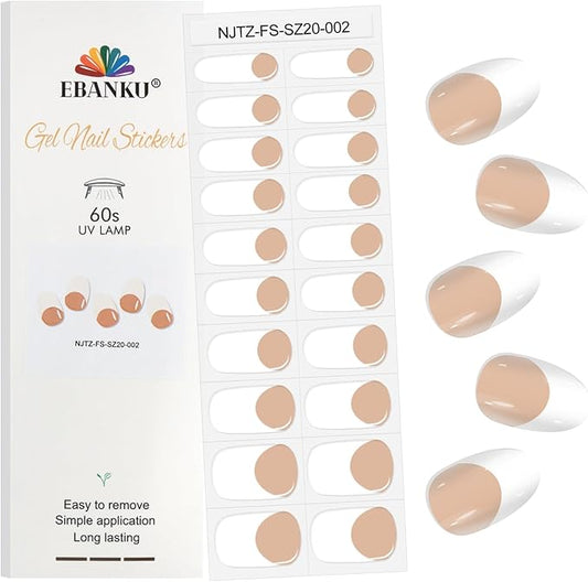 EBANKU 20Pcs Semi-Cured Gel Nail Strips,Terra Cotta Deep French Nail Sticker, Lasting Waterproof Full Wraps Stickers for Salon Manicures, Perfect for Women, Girl with File and Stick