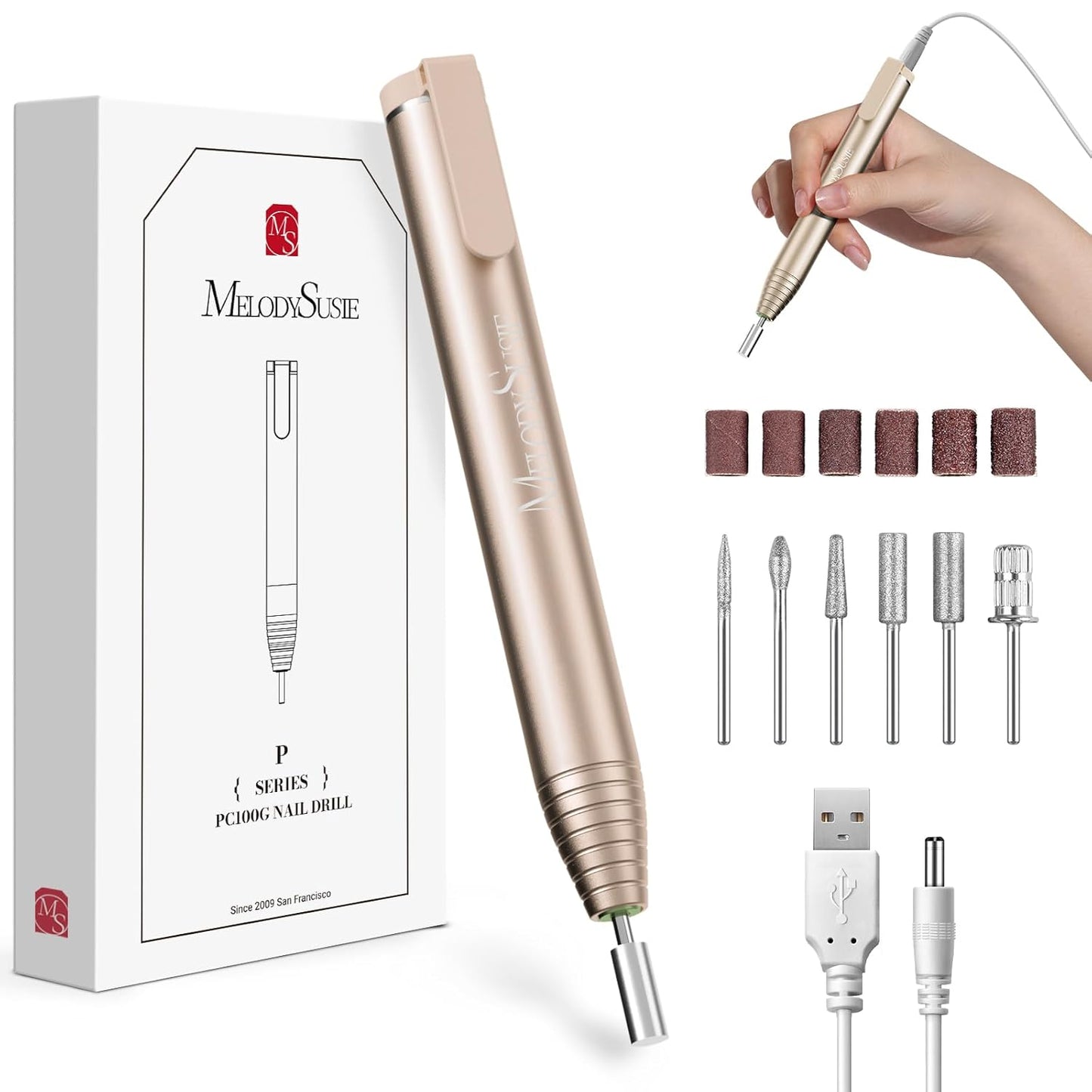 MelodySusie PocketNail Slim Ergonomic Pen-Shaped USB Nail Drill, PC100G 20000RPM Portable Electric File for All Manicure, Pedicure Nail Care, Shaping & Gel Removal at Home for Beginners