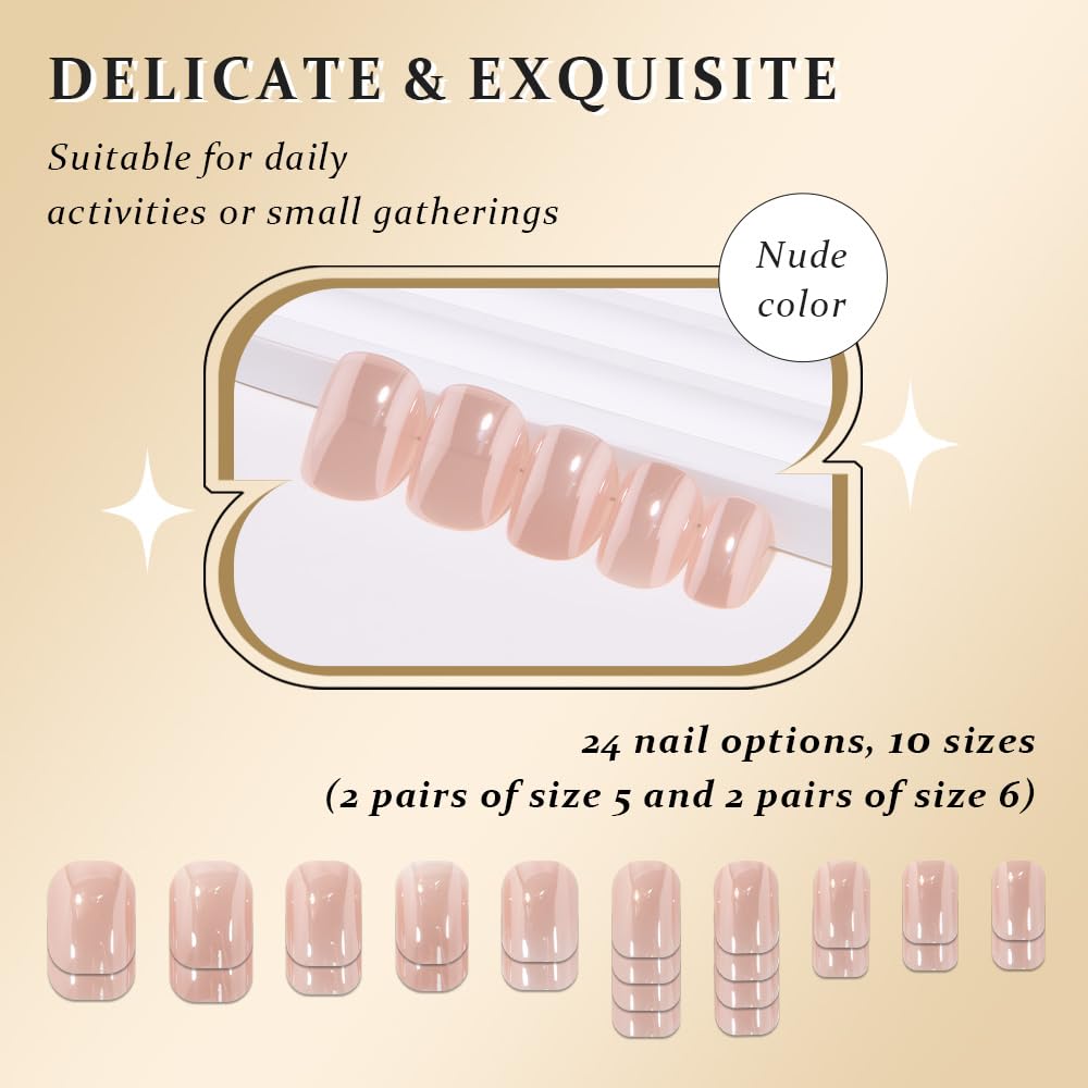 evpct Nude Glazed Press on Nails Short Square for Women Girls Gift, Chrome Glazed Nude Fake Nails Reusable with Soft Gel, Glossy Glitter Stick Glue on False Nail Kit Salon Quality DIY at Home, 01