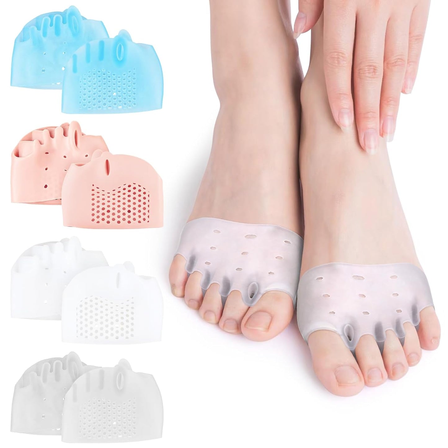 4 Pairs Silicone Toe Separators, Metatarsal Pads, Gel Toe Separators, Ball of Foot Cushions, Toe Separators for Overlapping Toes to Foot Pressure Relief (White Blue Clear Skin-color)
