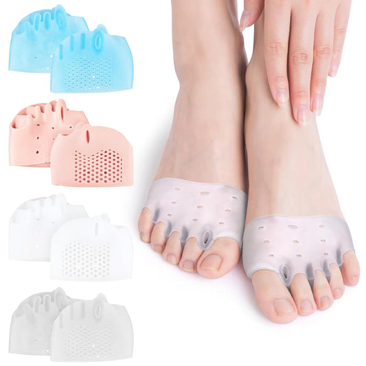4 Pairs Silicone Toe Separators, Metatarsal Pads, Gel Toe Separators, Ball of Foot Cushions, Toe Separators for Overlapping Toes to Foot Pressure Relief (White Blue Clear Skin-color)