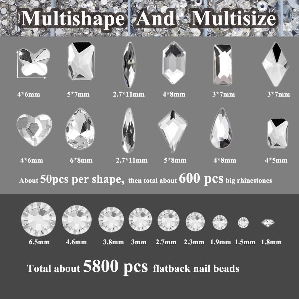 6400Pcs Silver Clear Nail Rhinestones, 600Pcs Multishapes Big Nail Gemstones +5800Pcs 1.5-6.5mm Flat Back Round Crystal Beads with B7000, Nail Decals, Multsize Flat Back Glass Stones for DIY Art