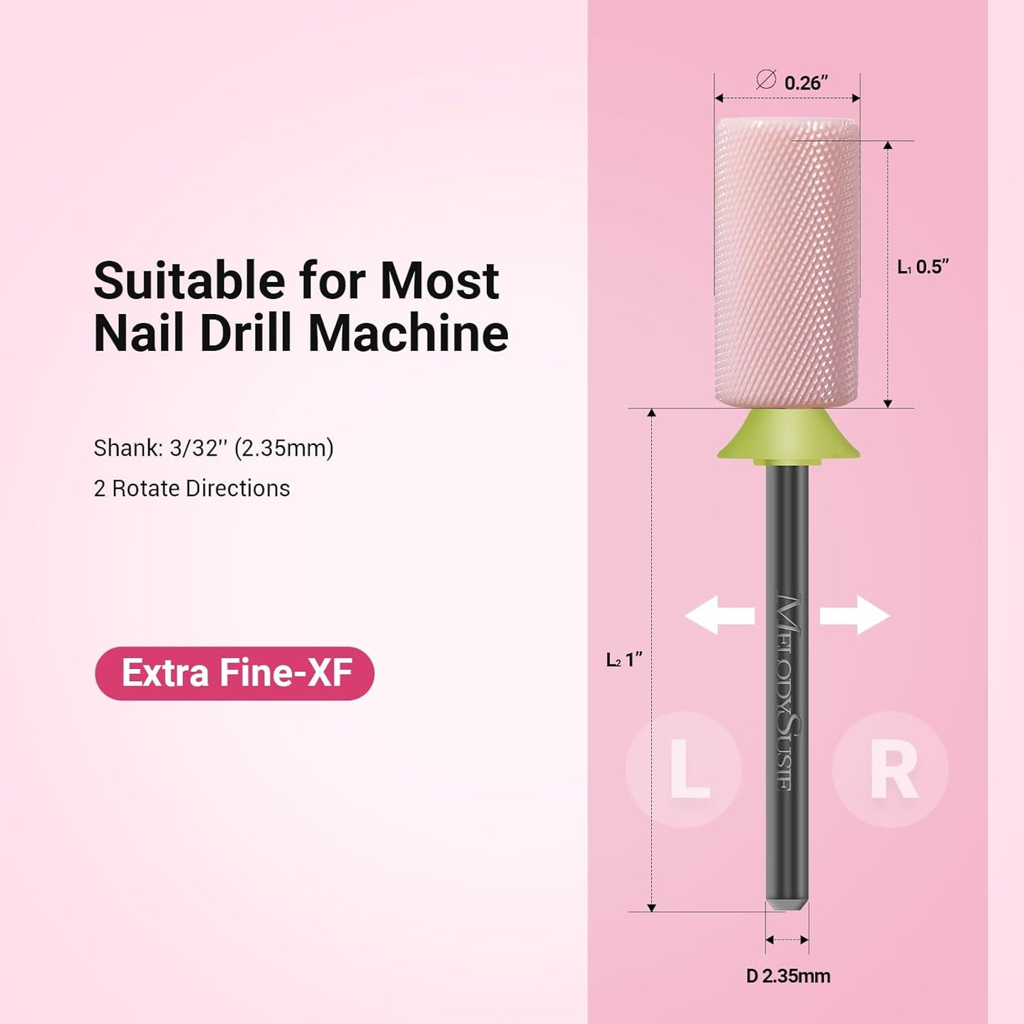 MelodySusie Ceramic Nail Drill Bits, 3/32'' Chamfer Flat Top Large Barrel Bits, Fast Remove Acrylic or Hard Gel, Nail Tool for Manicure Pedicure, Salon Home, Professional or Beginner, Pink, Extra Fine