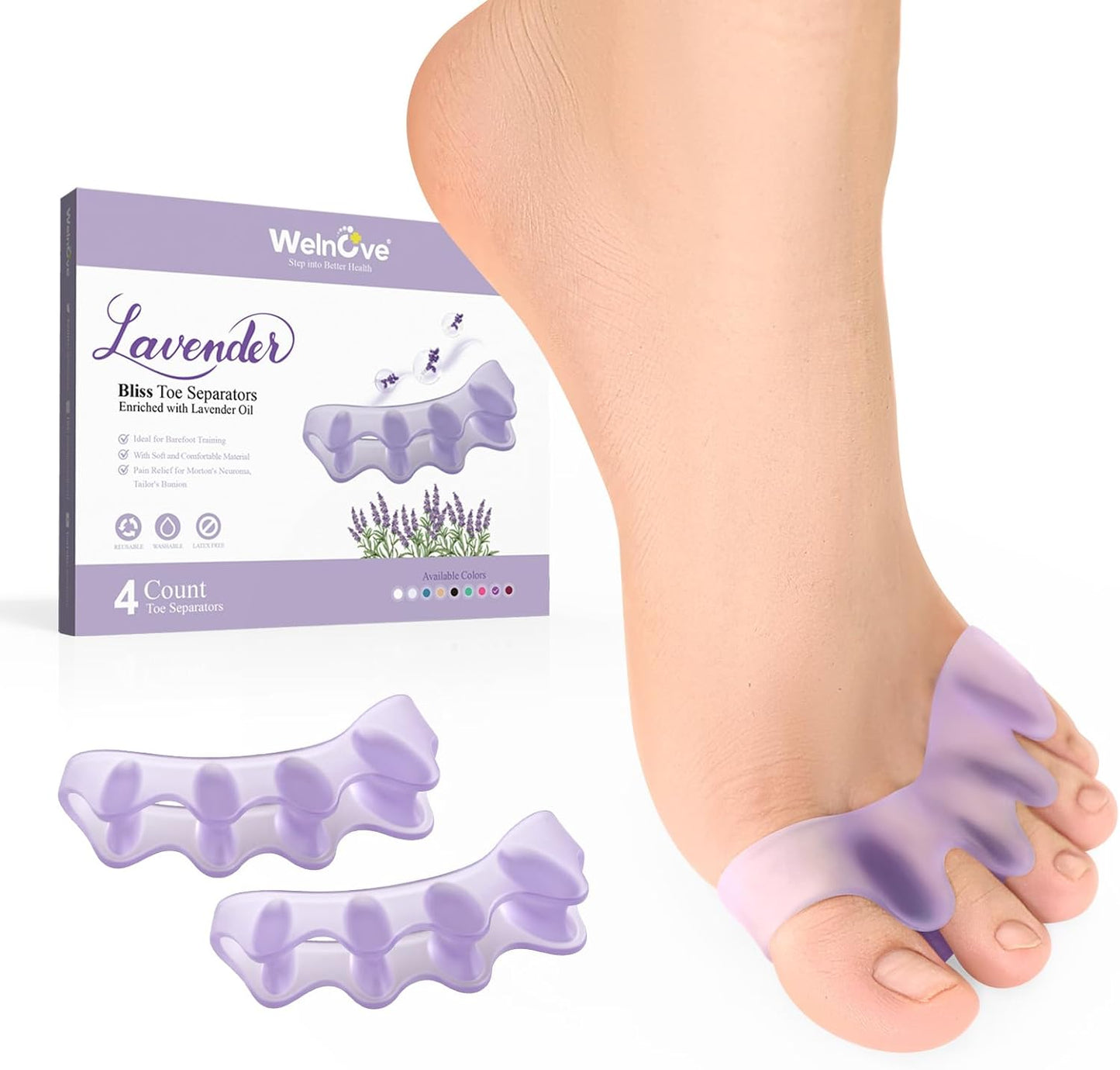 Welnove Toe Separators Spacers for Women - Toe Spacers with Lavender Extract, Toe Straightener for Women Men -Bunion Corrector Toe Stretcher for Yoga Practice - Lavender, 4 Pack