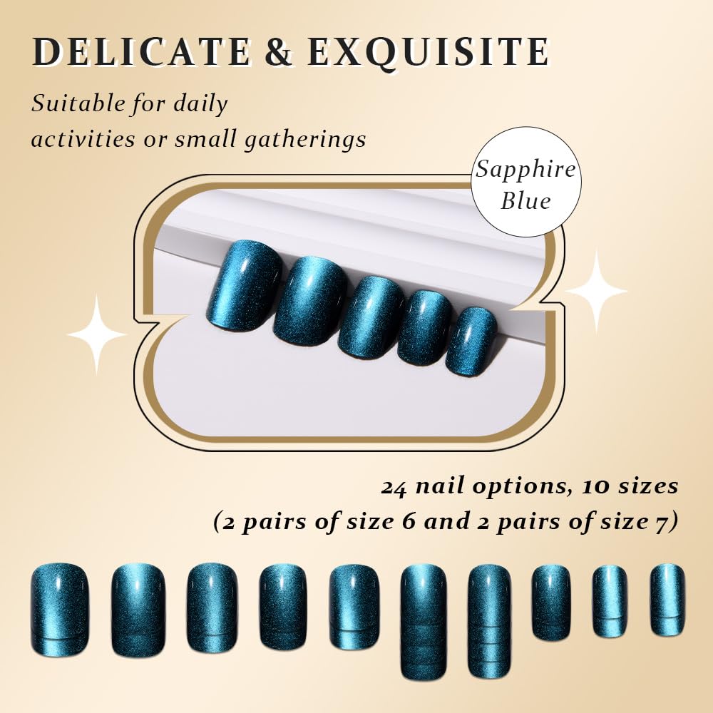 Peacock Blue Cat Eye Short Press on Nails Square, Blue Short Square Glue on Nails for Women Gift, Metallic Glitter Glossy Reusable Spring Summer Stick Gel Press on Acrylic Fake Nail with Designs 03