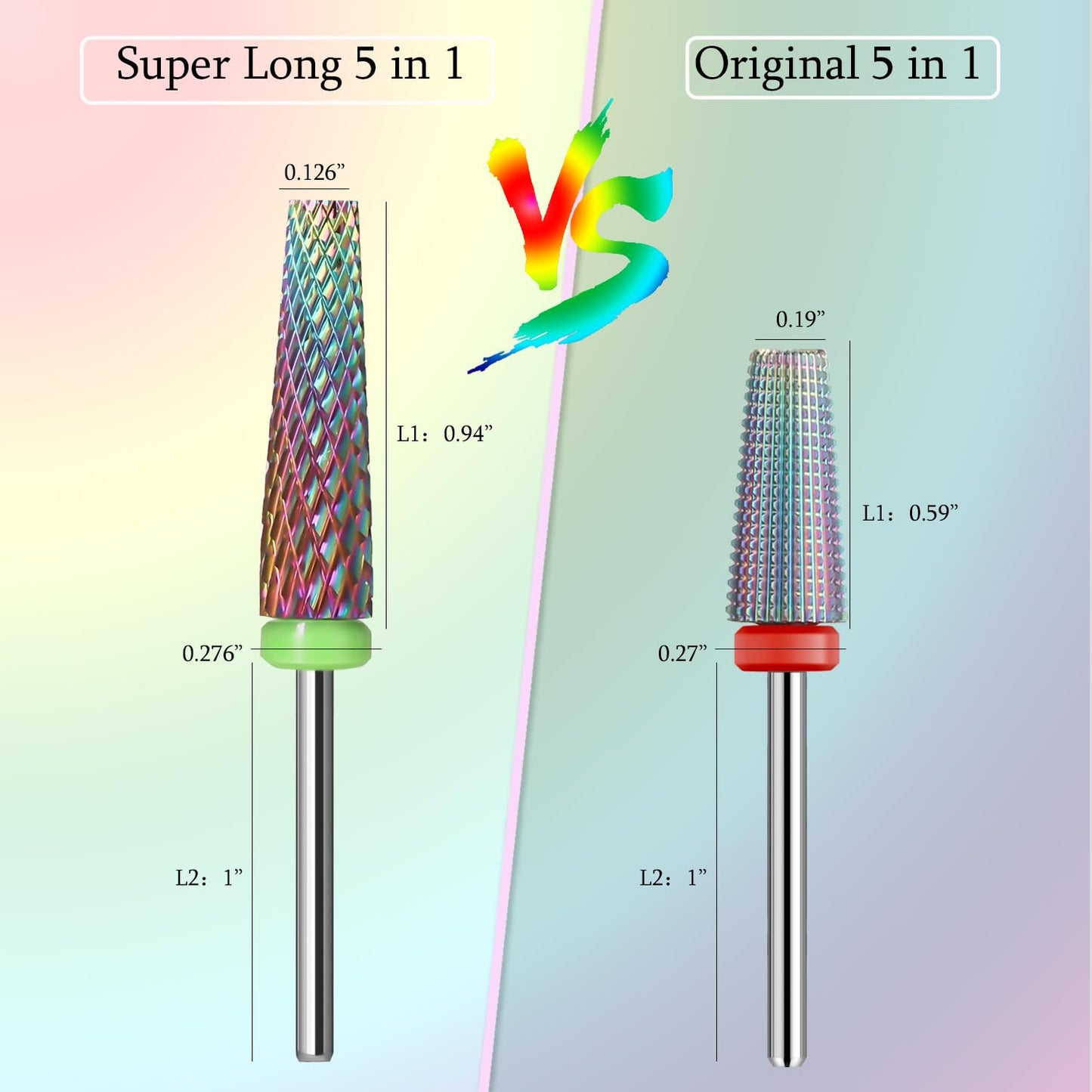 Super Long 5 in 1 Nail Drill Bits,Two Way Rotary Nail Cleaner Carbide Tungsten Nail Bits, Suitable for Manicure Pedicure Cuticle Gel Polishing Acrylic Hard Gels(Rainbow, Coarse-C)