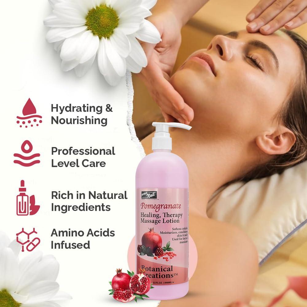 PRO NAIL - Healing Therapy Massage Lotion - Professional Pedicure, Body and Hot Oil Manicure, Infused with Natural Oils, Vitamins, Panthenol and Amino Acids (Pomegranate, 32 Oz)