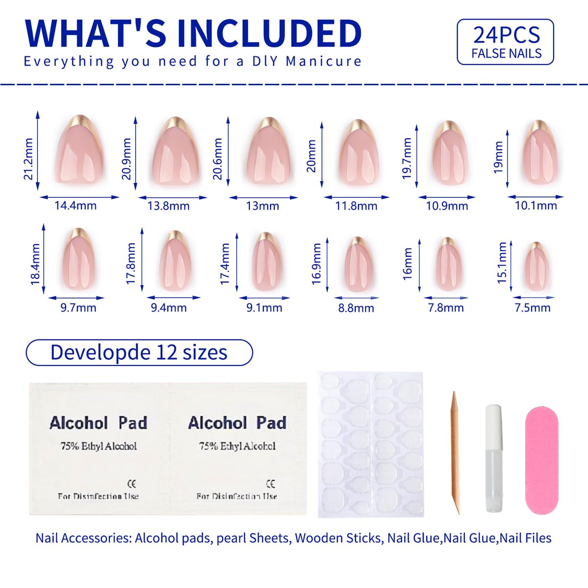 Almond Press On Nails Short, Pink Fake Nails with Elegantly Crafted Gold French Tips, Glossy Gel Finish, Thick Natural Reusable Glue On Nails Kit for Women 24Pcs, Golden French Chic
