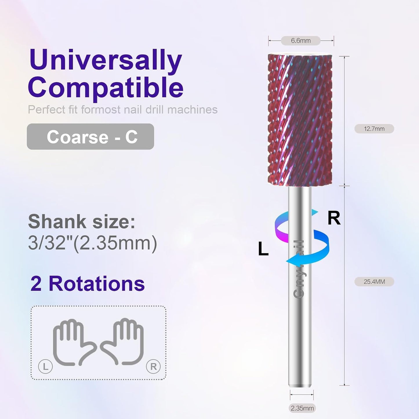3/32" Large Barrel Bit Tungsten Carbide Nail Drill Bit Safety Bit for Gel & Acrylic Removal, 2- Way Rotating Efile Tip, Salon Electric File Accessory (C Girt, Purple)