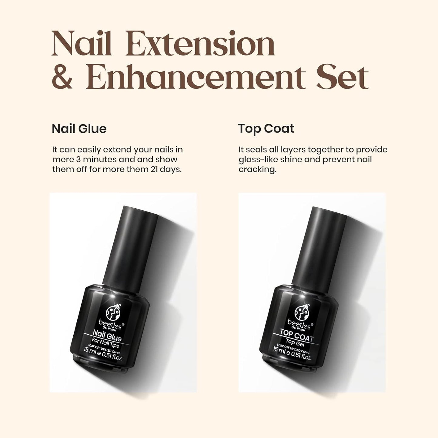 Beetles Gel Nail Glue and No Wipe Top Coat Kit, 2Pcs 15ml 5 In 1 UV Nail Glue for Acrylic Nail Tips Clear Press On Nails, Easy Nail Extension Gel, Soak Off LED Shine Finish DIY Home Manicure