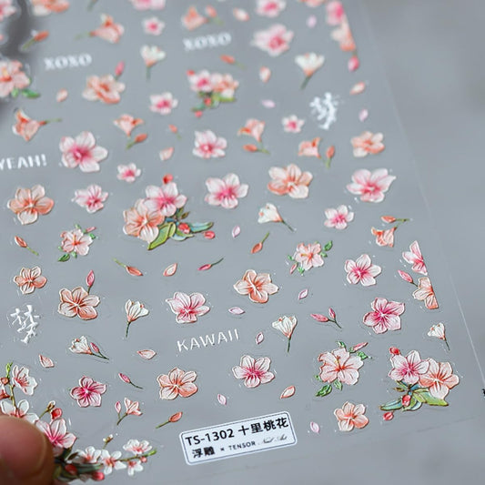 Flower Nail Art Stickers Decals Peach Flowers Nail Stickers 1PCS Pink Blossom Floral Leaf Spring Nails Design 5D Embossed Nail Decals Self-Adhesive Flower Stickers for Nails Women Manicure Decorations