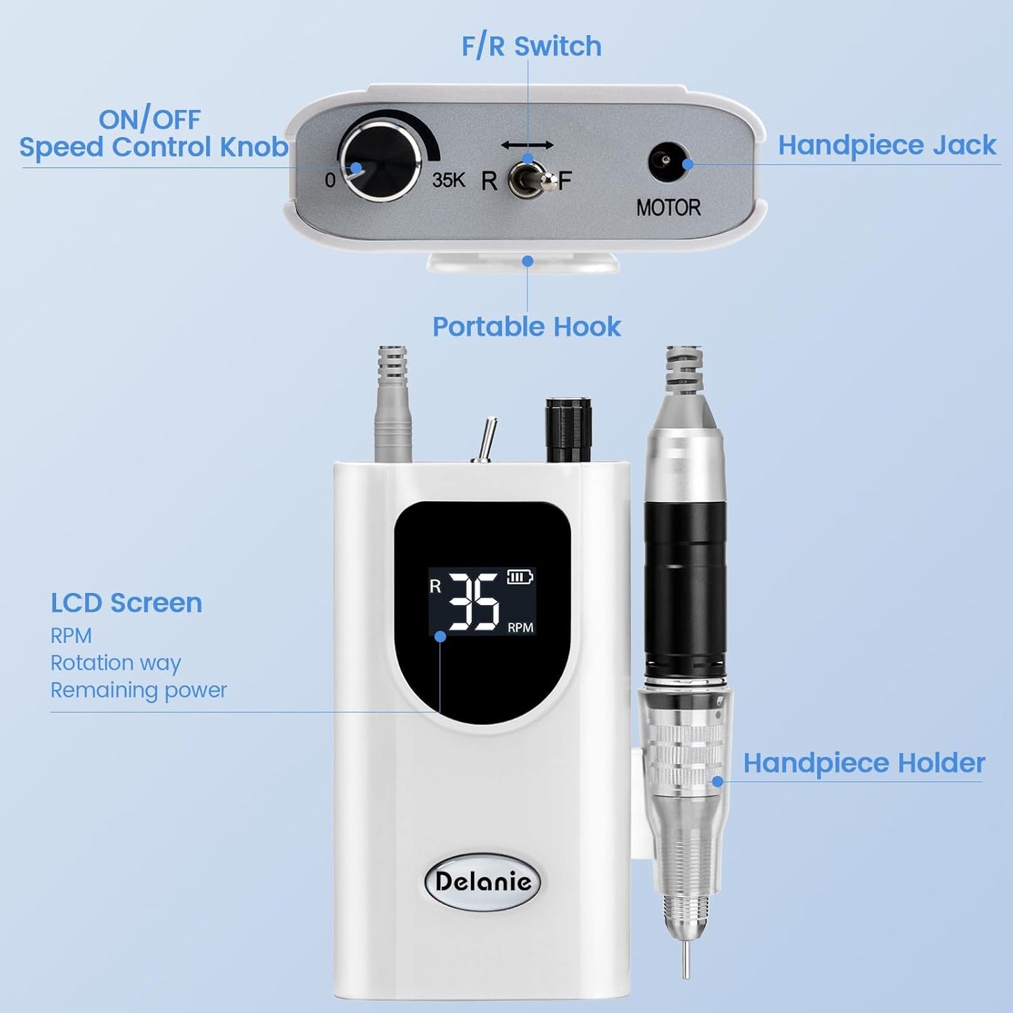 Delanie Electric Nail Drill Professional 35000 RPM Rechargeable Portable E-File for Nail Tech, White