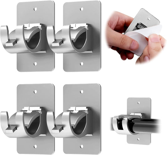 CIEMGNZOC 4PCS No Drill Curtain Brackets, Self-Adhesive Rods, Nail Free Adjustable Holders, Hooks for Rods Under 1.57 Inch (Silver)