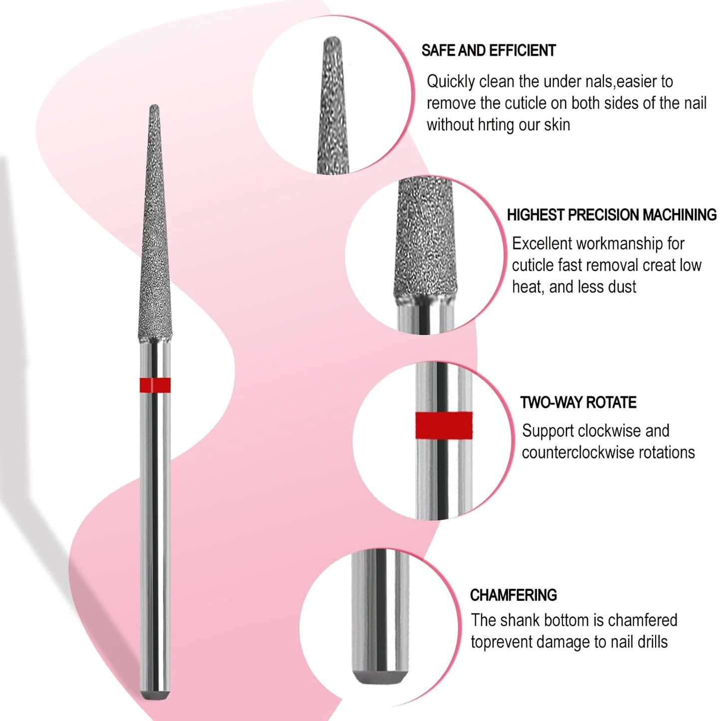 Cuticle Nail Drill Bit, 3/32'' Professional Safety Diamond Under Nail Cleaner for Cuticle Dead Skin Nail Prepare, Beginners Bits, Experienced Tech,Long Pointed Cone (Fine)