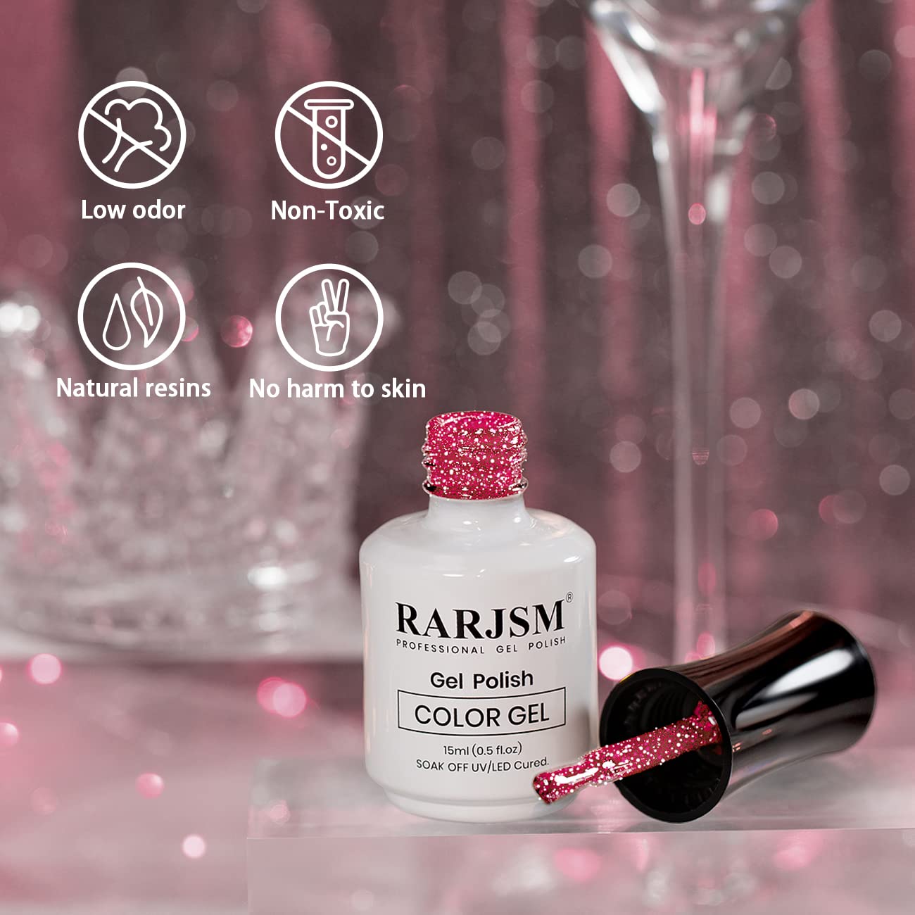 RARJSM Reflective Gel Nail Polish Hot Pink Glitter Gel Polish Neon Flash Diamond Sparkle Gelpolish Soak off UV Curing Requires 15ml Single Bottle for Salon Home Diy Nail Manicure