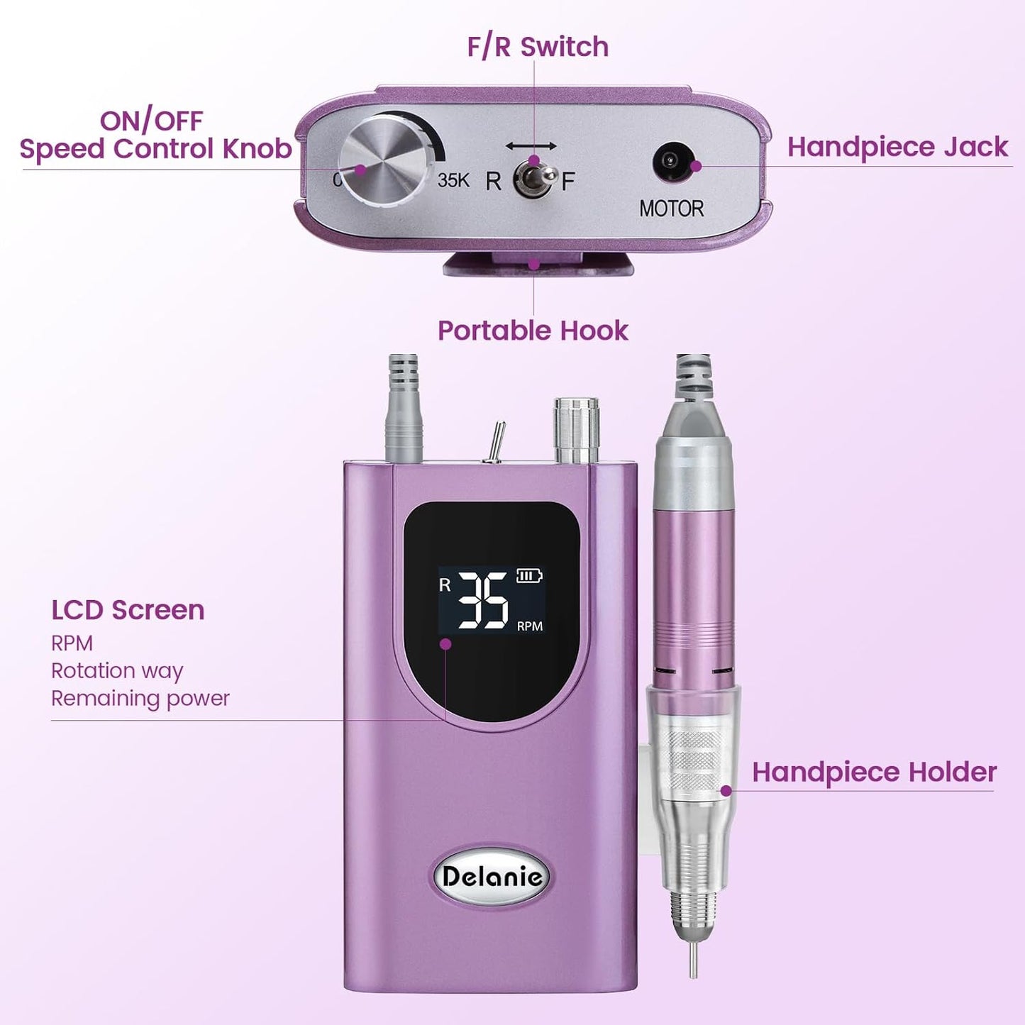 Delanie Electric Nail Drill Professional 35000 RPM Rechargeable Portable E-File for Nail Tech, Violet