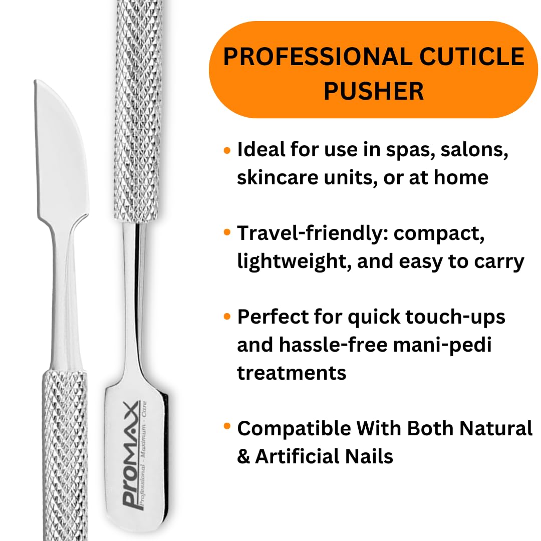 Promax care - Cuticle Pusher and Cutter - Professional Grade Stainless Steel Cuticle Remover and Cutter - Durable Manicure and Pedicure Tool - for Fingernails and Toenails - (Silver)