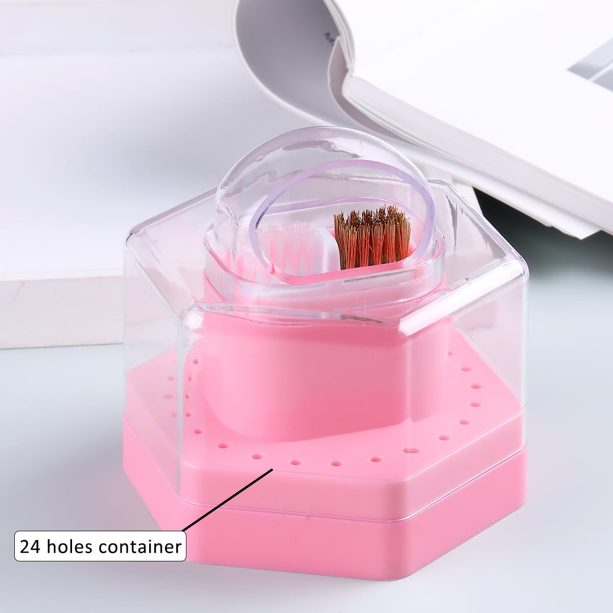 2 in1 Nail Drill Bit Holder and Nail Drill Bits Cleaner Brush Case, 24 Holes Pink Nail Drill Bit Holder Stand Display Organizer Dust Proof Storage Container Box Case Nail Tech Supplies