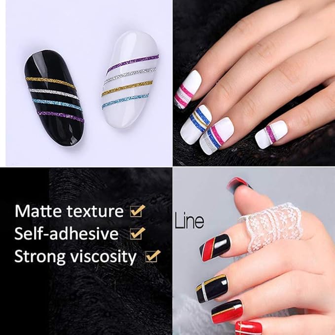Nail Striping Tape Line 40 Rolls Multicolor Glitter Matte Texture Decal Nails Art Adhesive Sticker Foil with 2Pcs Tape Roller Dispenser Holder