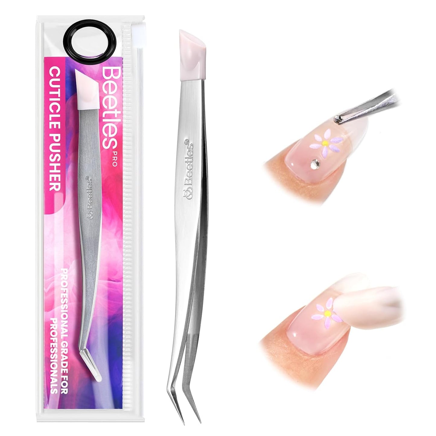 Beetles Professional Sticker Tweezers - Dual Ended Nail Art Tweezer, Curved Tip Pick Up Pearls Rhinestones, Silicone Tip Press Stickers Nail Art Tool Ultra Precision Stainless Steel Nippers