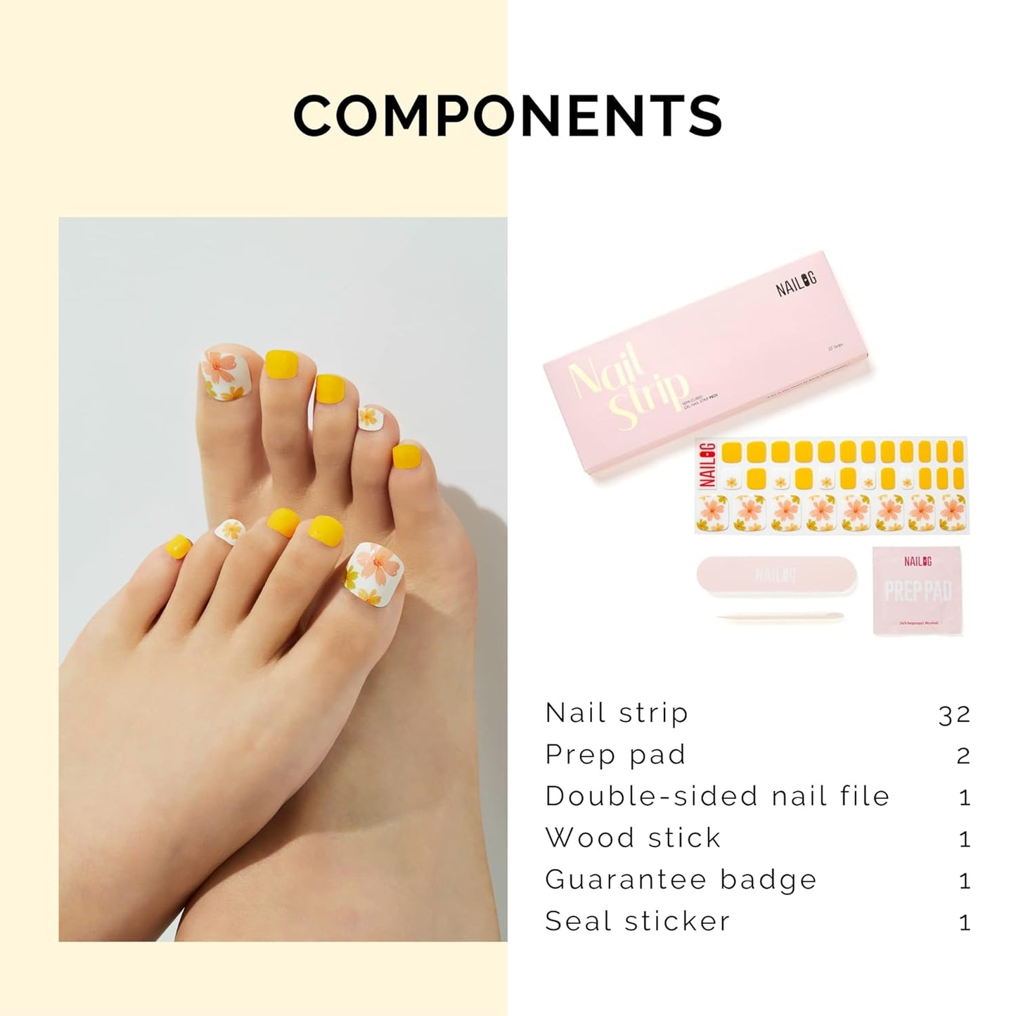 NAILOG Semi Cured Gel Nail Strips, Toe Nail Polish Strips with Glossy Gel Finishing | Buy 3 Get 1 UV Lamp| 32 Pieces Long Lasting Pedi Stickers | Yellow