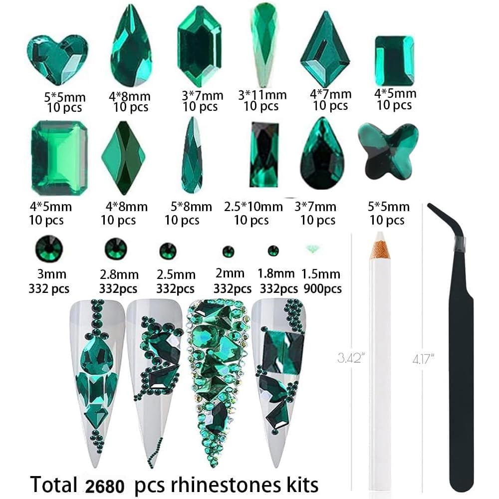 2680Pcs Emerald Green Nail Rhinestones, 120Pcs Big Glass Green Diamond Nails Gem Stones with Bling Flatback Round Beads, Clear Nail Art Charms Jewelry for Face DIY Decoration with PickTool
