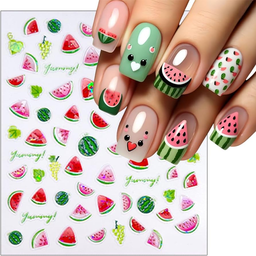 6 Sheets Summer Fruit Nail Art Stickers Decals 5D Jelly Embossed Fruit Shell Light Nail Stickers Lemon Kiwifruit Exquisite Design Summer Nails Decals Manicure Supply for Women DIY Nail Decorations