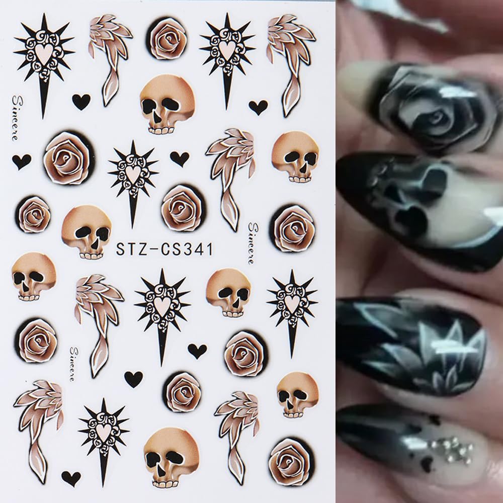 Halloween Nail Art Stickers Decals 3D Skull Mushroom Ghost Halloween Nail Stickers 6PCS Rose Flowers Love Heart Leaf Design3D Self-Adhesive Nail Decals Manicure Supply for Holiday Nail Art Decorations