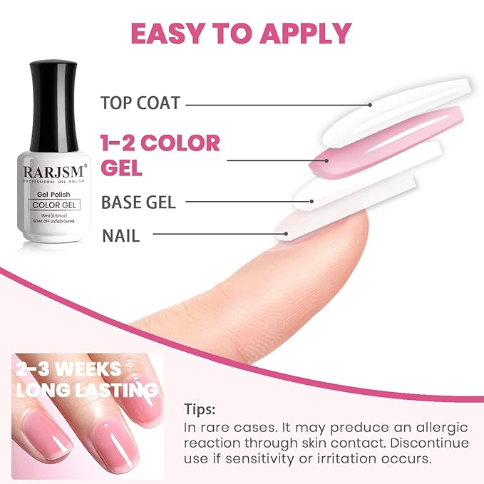 RARJSM Nude Gel Polish Sheer Clear Healthy Pink Gel Nail Polish Nude Transparent Hot Pink Jelly Nail Gel Polish Varnish Curing Requires LED UV French Manicure Soak Off for Home Salon 1pcs 15ml