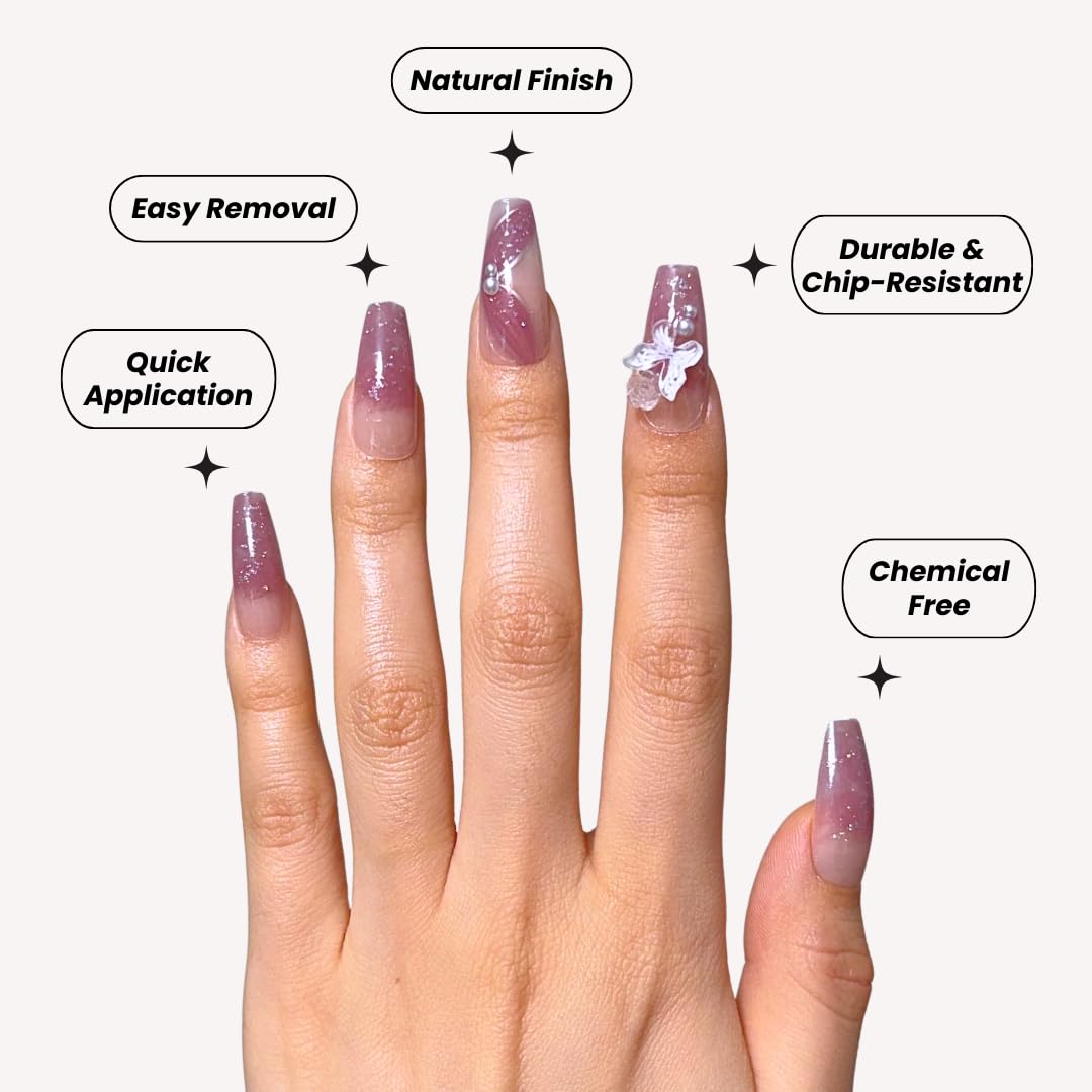 Perfect Look Press On Nails - Butter Rose | No Glue One-Day Long Coffin Fake Nails, Rose Pink Glitter Nails with Pearl - 24 Pcs Nail Kit with Adhesive Tabs
