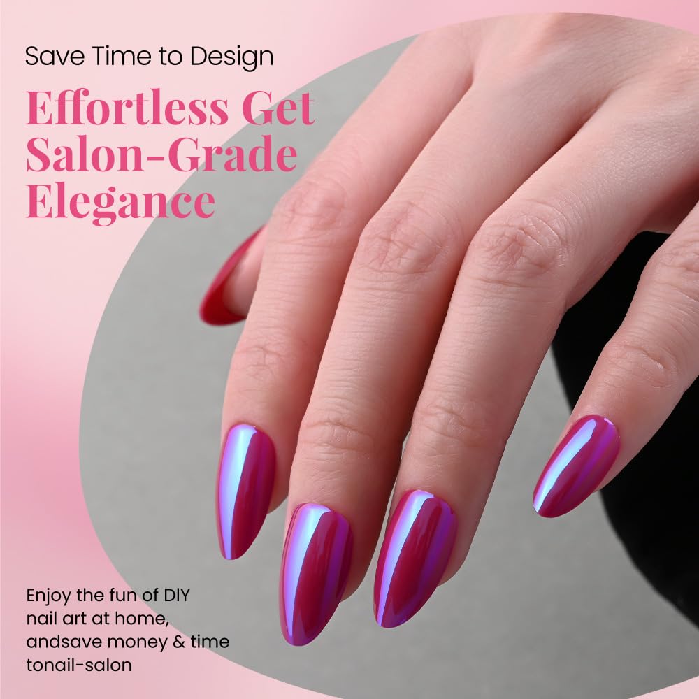 evpct Dark Red Press on Nails Almond Short, Dark Purple Red Chrome Glazed Glossy Short Almond Soft Gel Press On Nails with Nail Glue for Women Gift, 15 Sizes 30Pcs Reusable Stick Acrylic Fake Nail Kit