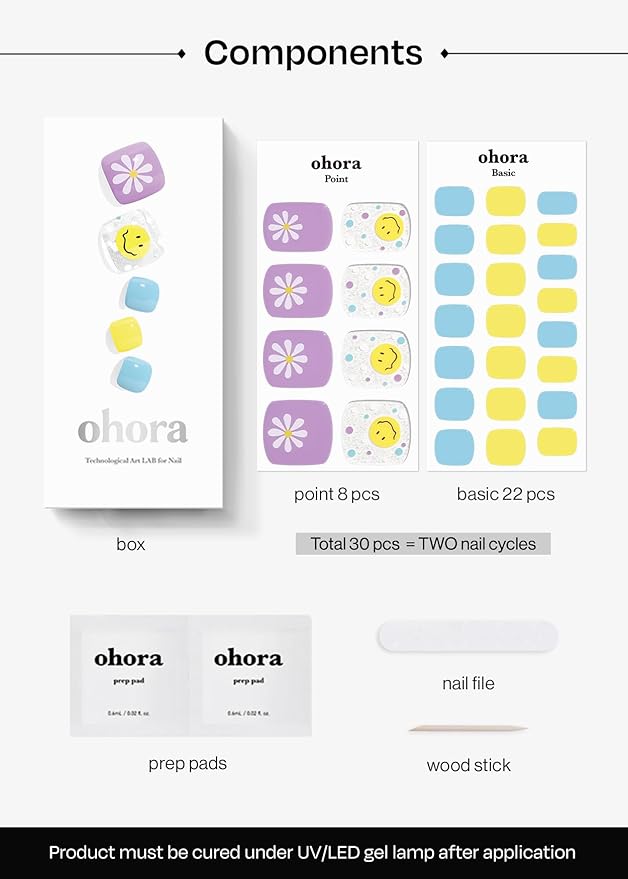 ohora Semi Cured Gel Pedi Strips (P Witty) - Purple/Blue/Yellow, Pattern, Works with UV/LED Lamps, Salon-Quality, Long Lasting, Easy to Apply & Remove - Includes 2 Prep Pads, Nail File & Wooden Stick