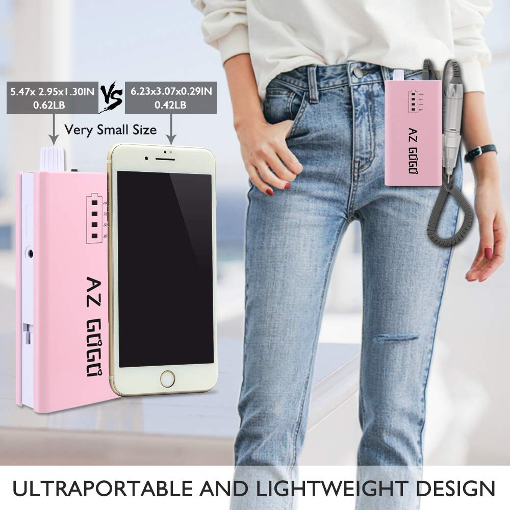30000RPM Portable Nail Drill Machine, AZ GOGO Professional Rechargeable Electric Efile Nail Drill for Acrylic Nails, Manicure/Pedicure, Polishing, Cuticle - Salon or Home Use（Pink）