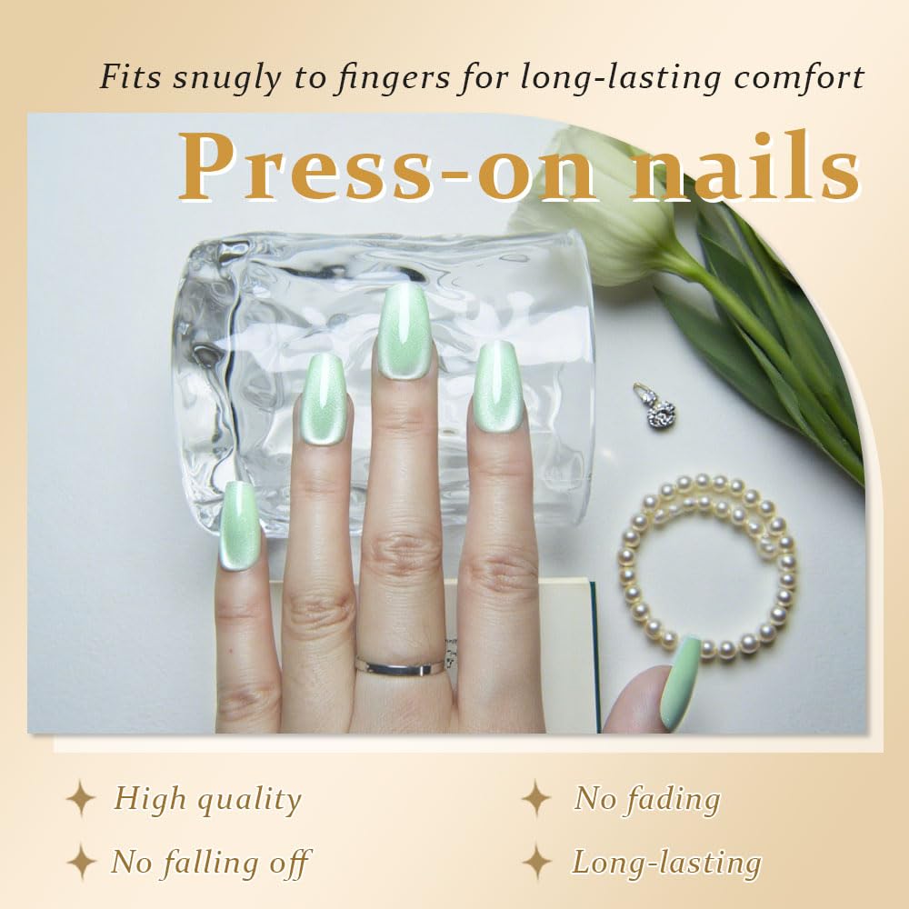 evpct Light Green Cat Eye Coffin Press on Nails Square Medium, Medium Square Glue on Nail for Women, Light Green Metallic Glitter Glossy Reusable Summer Soft Gel Press on Acrylic Fake Nail with Design
