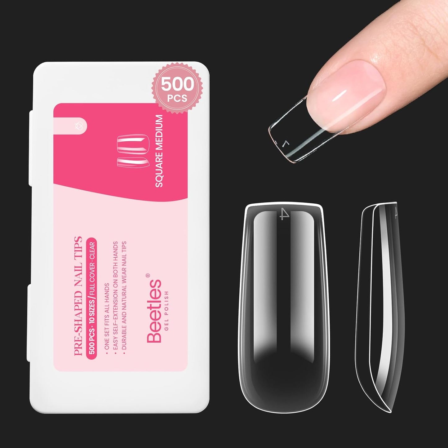 Beetles Medium Square Nail Tips, 500Pcs Nail Kit Medium Square Pre Shaped Clear Full Cover False Nails for Gel Art Polish Soak Off Lamp Nail Extensions Acrylic Press on Nail Tips