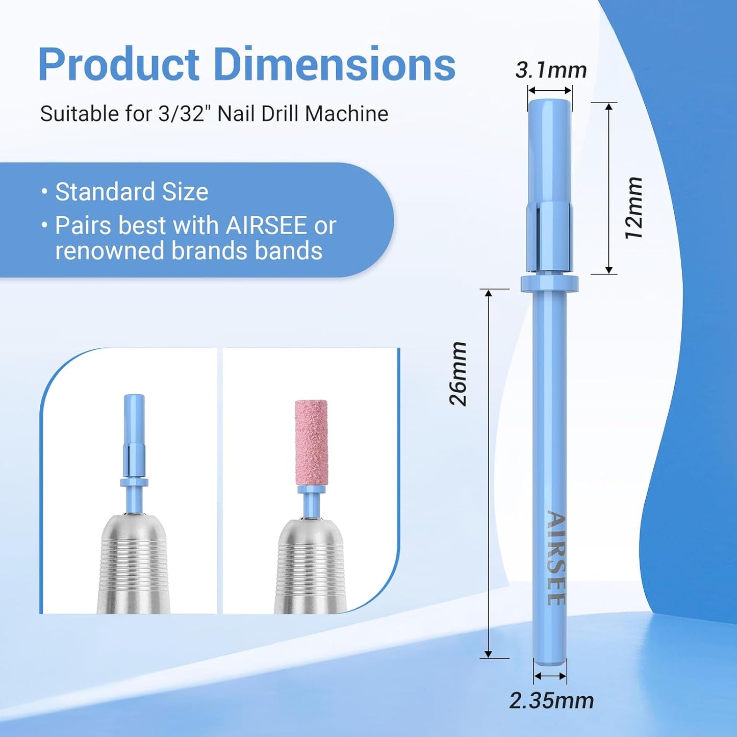 AIRSEE 3.1mm Small Nail Drill Mandrel Bits for Mini Efile Sanding Bands, Stainless Steel Professional Electric Head Clean Remove Cuticle Removing, Acrylic Manicure Sander Safety (Tranquil Blue)