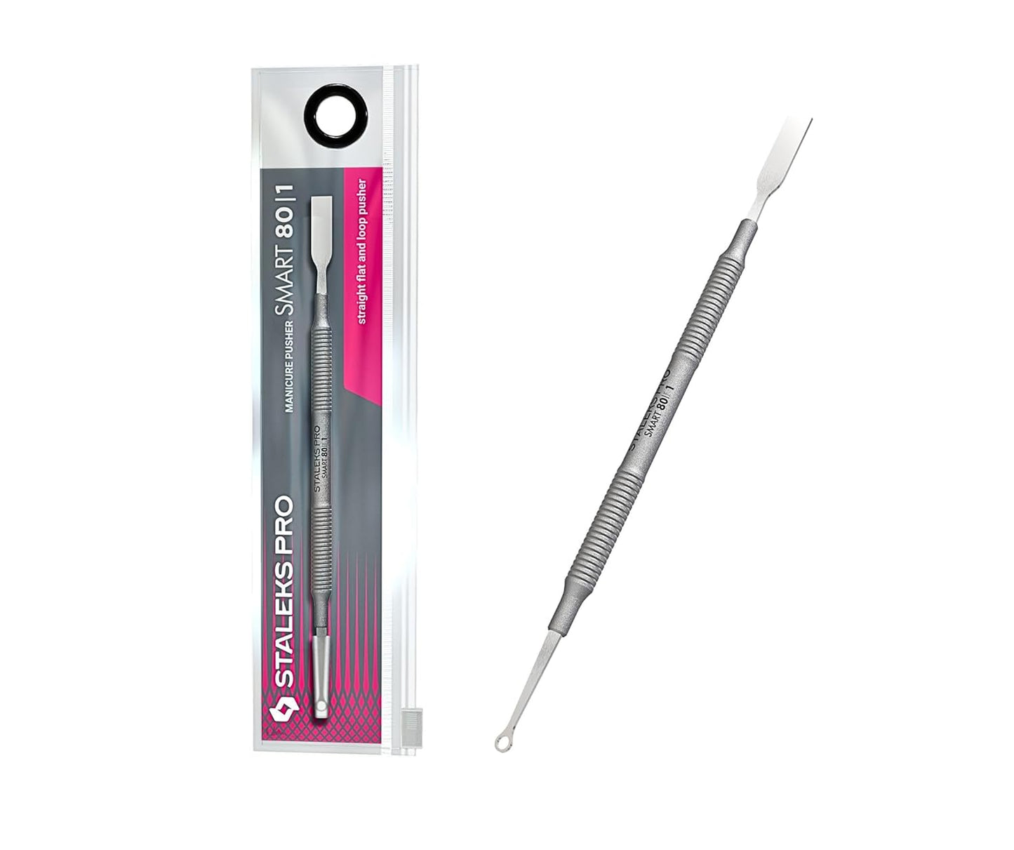 Staleks Pro Manicure Pusher SMART 80 Type 1 – Flat Cuticle Pusher and Loop – Dual-Ended Stainless Steel Nail Tool