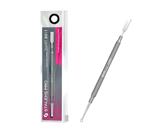 Staleks Pro Manicure Pusher SMART 80 Type 1 – Flat Cuticle Pusher and Loop – Dual-Ended Stainless Steel Nail Tool