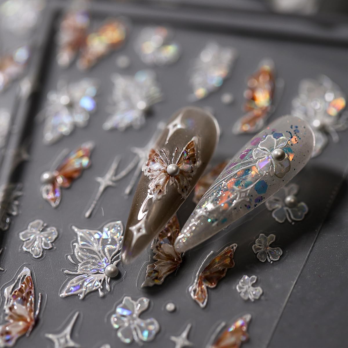Butterfly Nail Stickers for Nail Art 5D Embossed Pearl Rhinestone Butterfly Nail Art Decals Laser Butterfly Flower Starlight Nail Designs Self Adhesive Nail Art Supplies for Women Nail Art Decoration