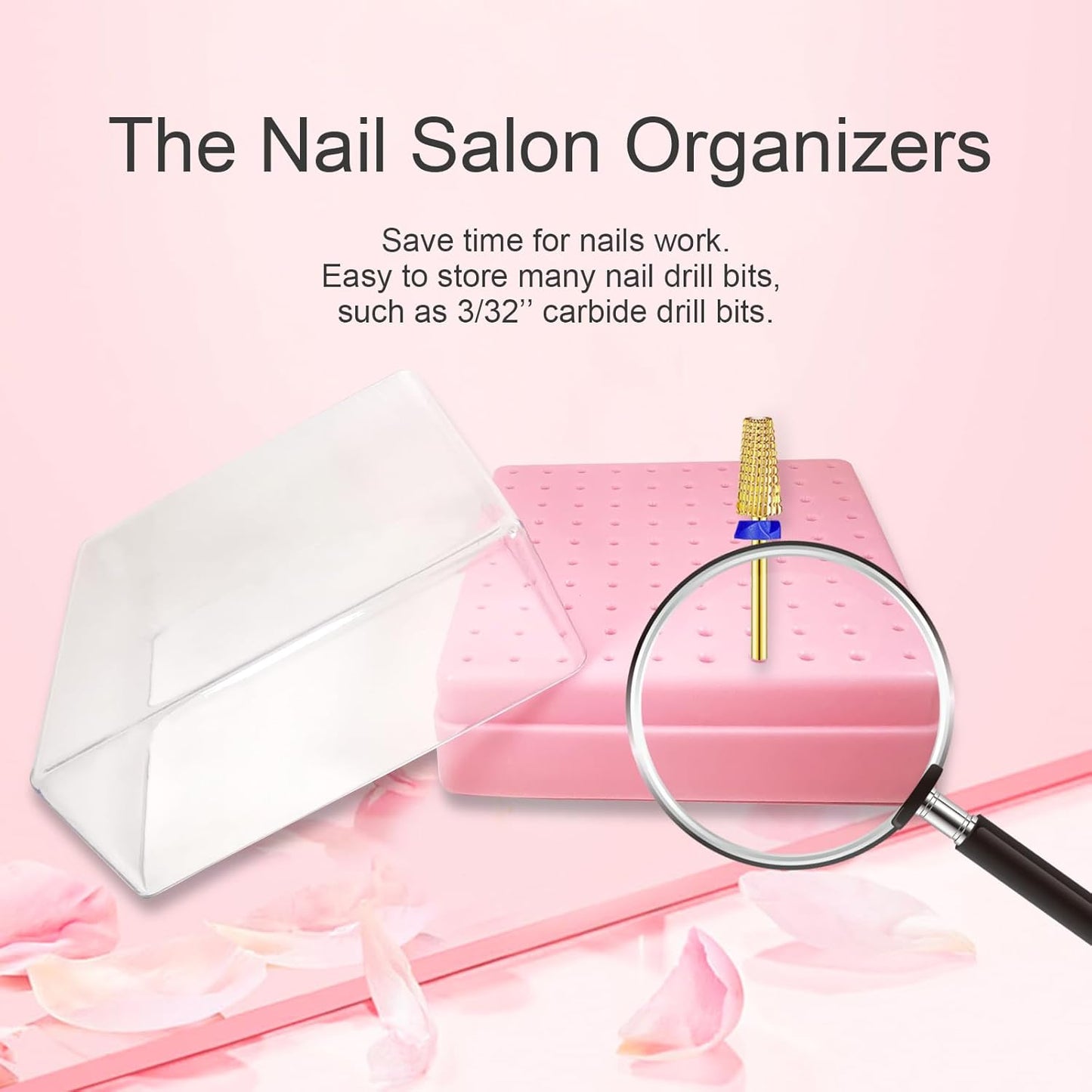 Nail Drill Bits Holder, CORFULRA Nail Organizer Box for Nail Drill Bits, Large Space of Container Case for Drill Bits for Nails, 100 Holes Dustproof Displayer Box of Nail Supplies for Nail Tach, Pink