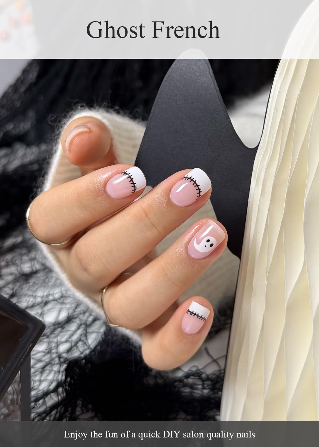 Semi Cured Gel Nail Strips (Ghost French), Halloween, 20 Pcs Gel Nail Wraps, Stickers, Salon Quality, Long Lasting, Works With Any Lamps